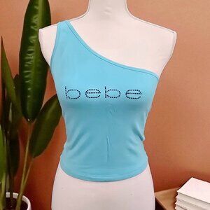 Bebe Rhinestone Logo Tank ✦ Sky Blue One‑Shoulder Diva ✦ Y2K Glamwear Stretch XS
